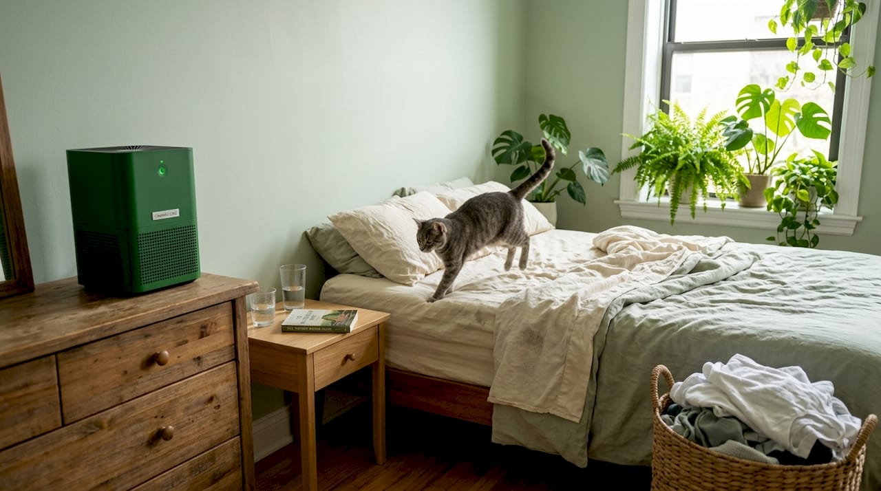 Cat on bed with HEPA purifier in home bedroom