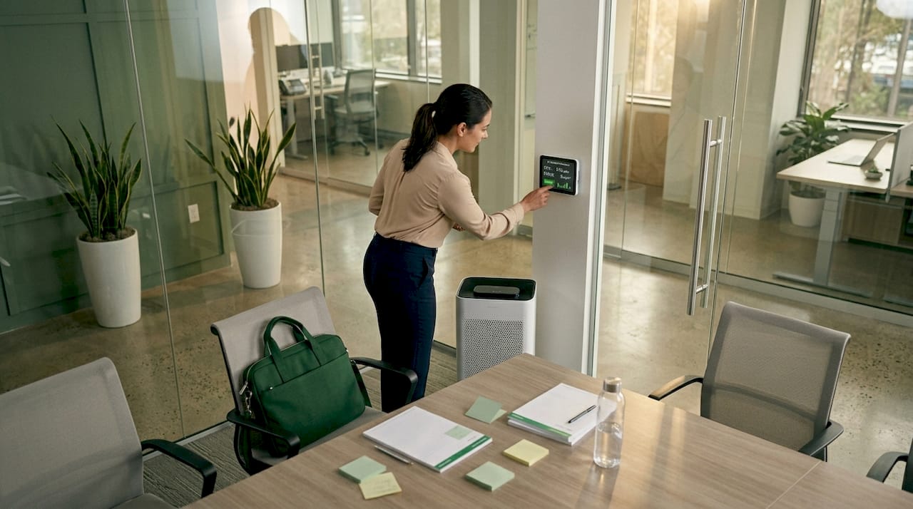 Admin checks air quality sensor in conference room