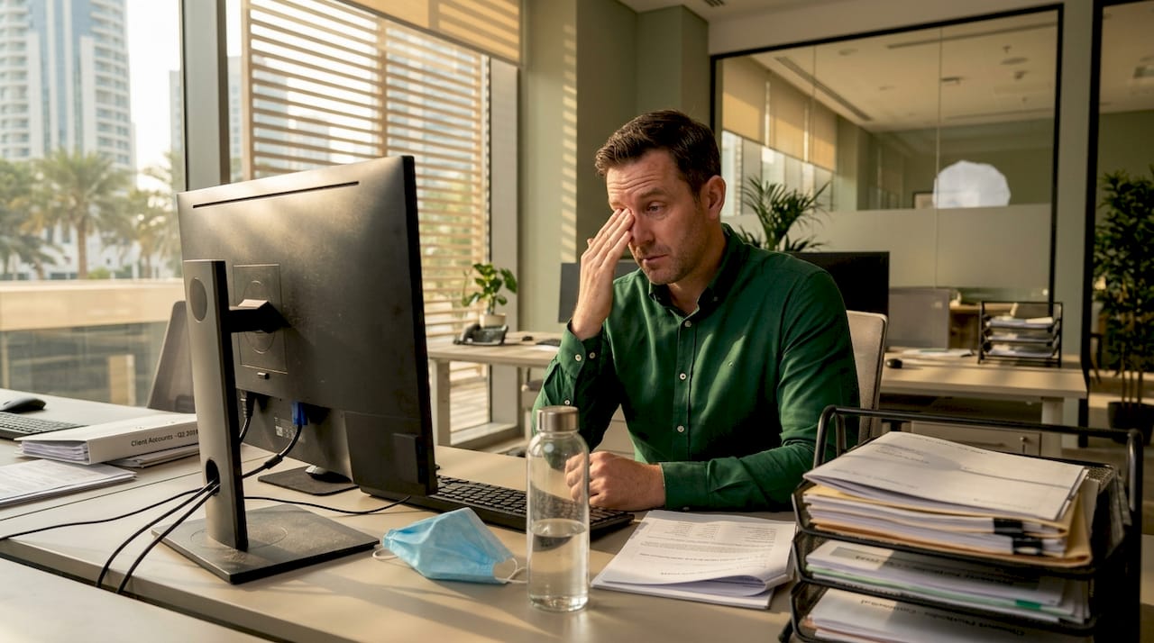 Office worker experiencing dust irritation at desk