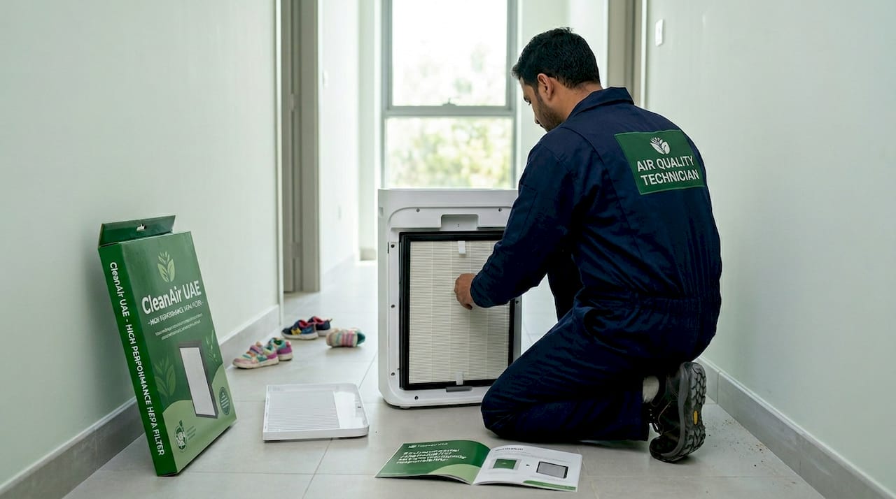 Technician installing HEPA filter in home air purifier
