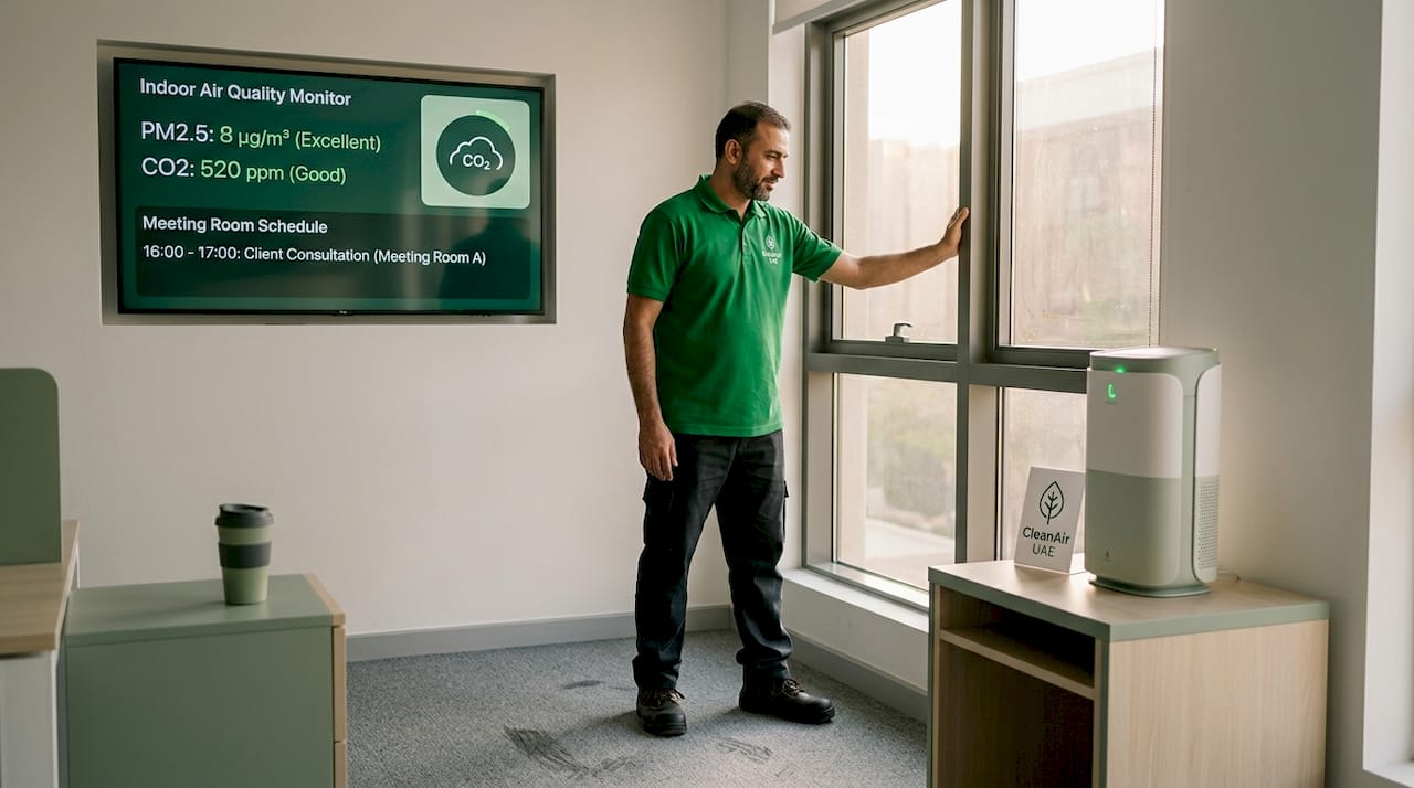 Worker closing window near active air purifier