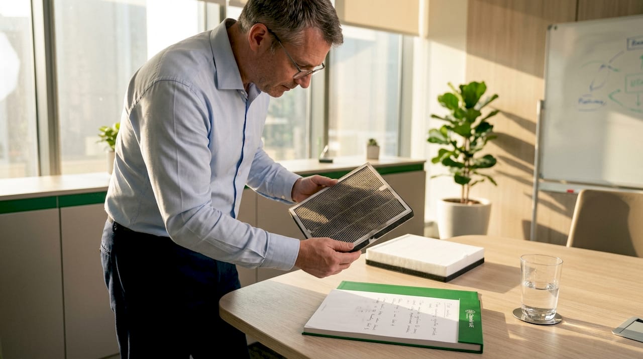 Man examining used carbon filter in office