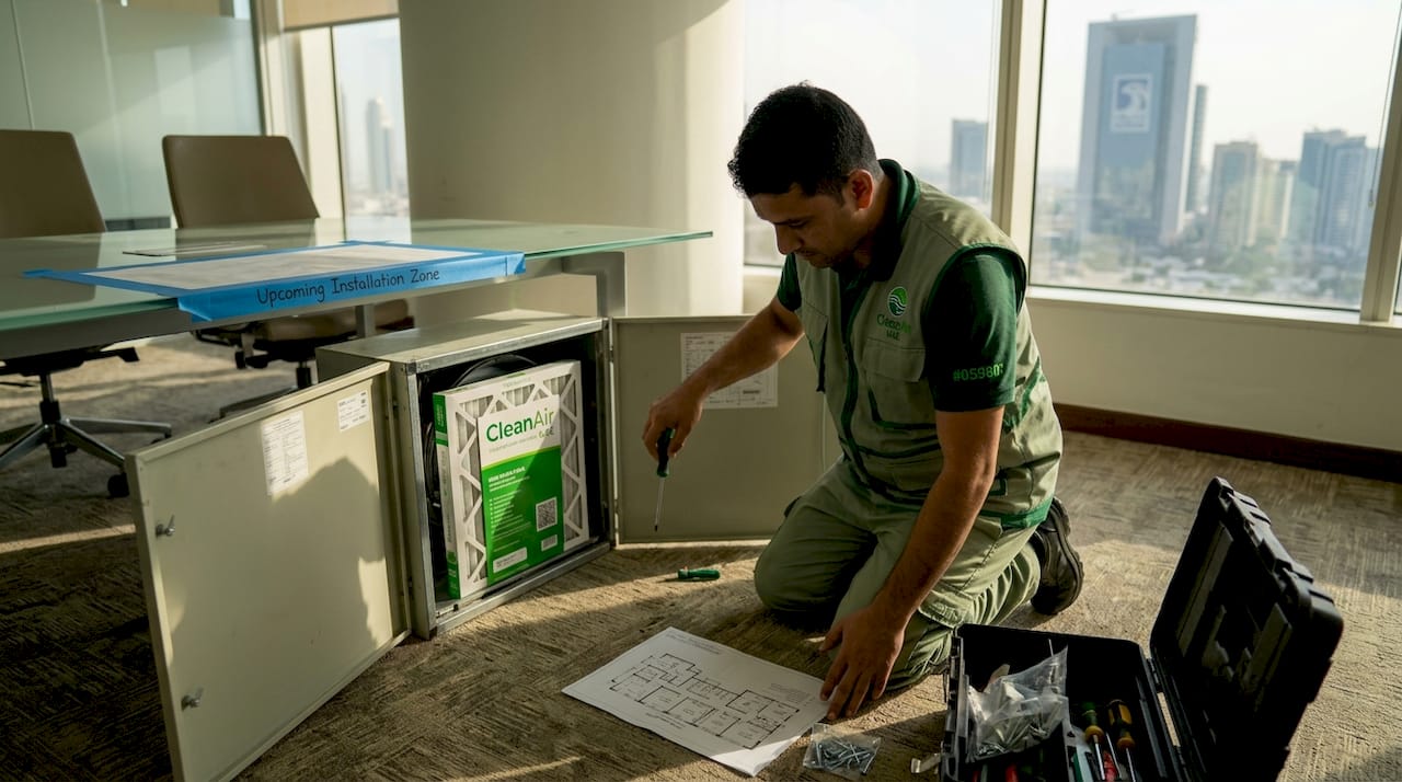 Technician preparing office air filtration install