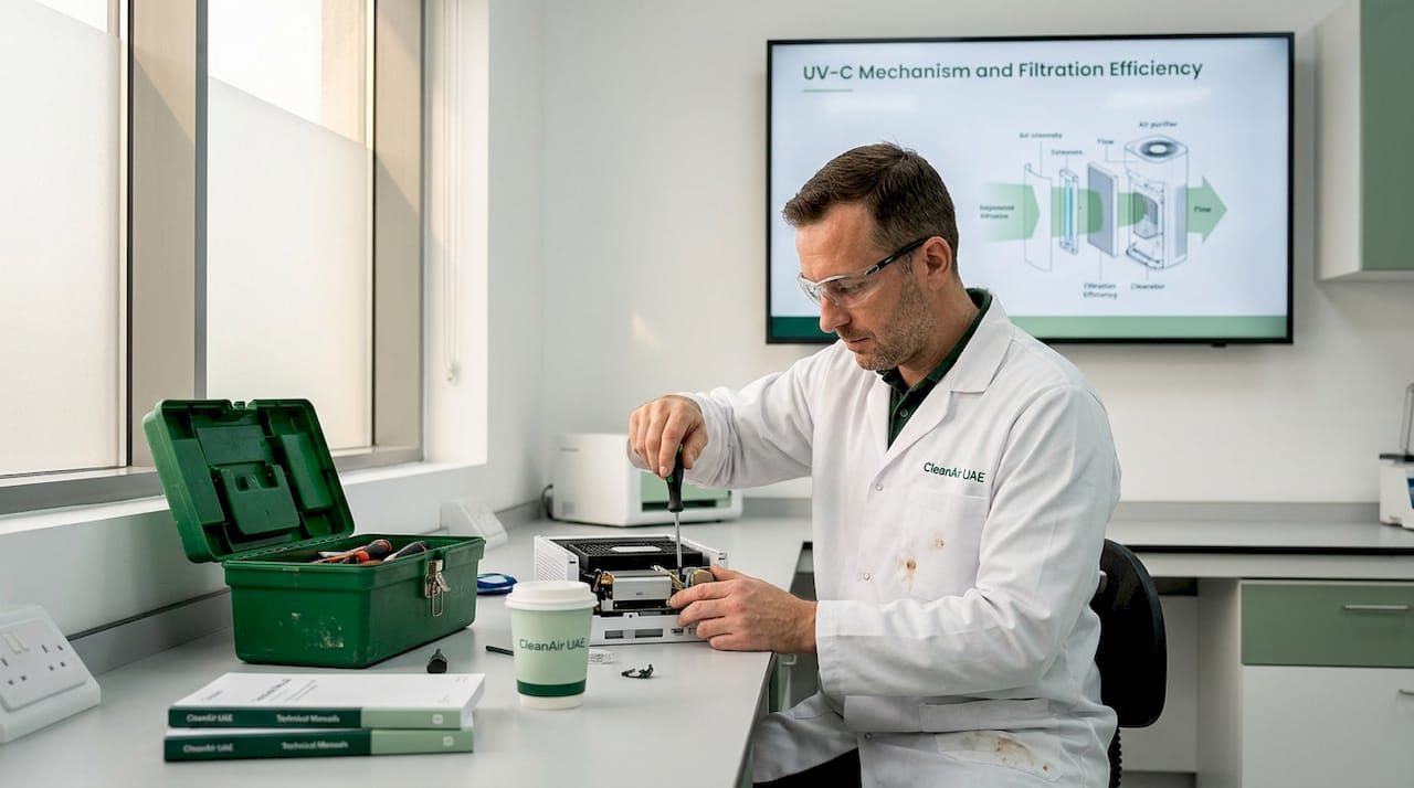 Technician adjusting UV-C air purifier in laboratory