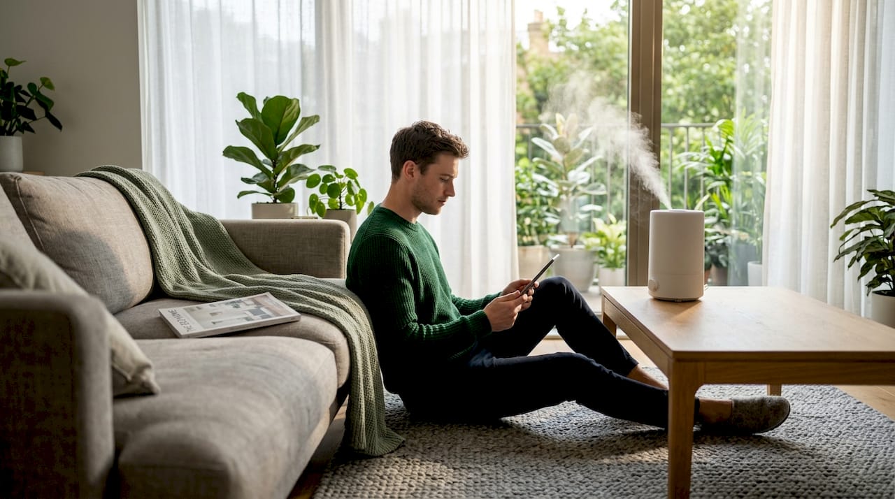 Man relaxes with humidifier in living room