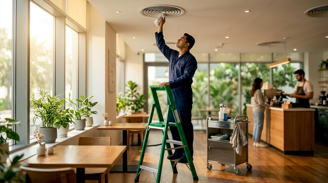 Worker cleaning ceiling HVAC vent in office