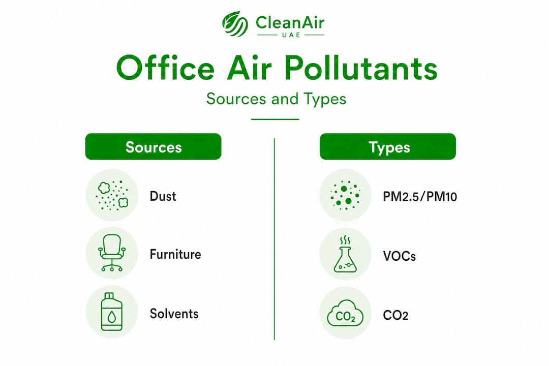 Infographic comparing office air pollutant sources and types