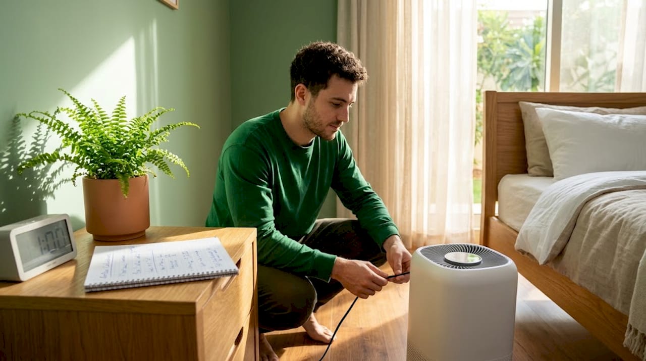 Man checking air purifier power in Sharjah bedroom