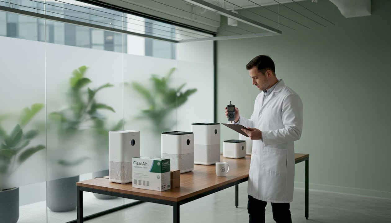 Lab technician measuring air purifier noise