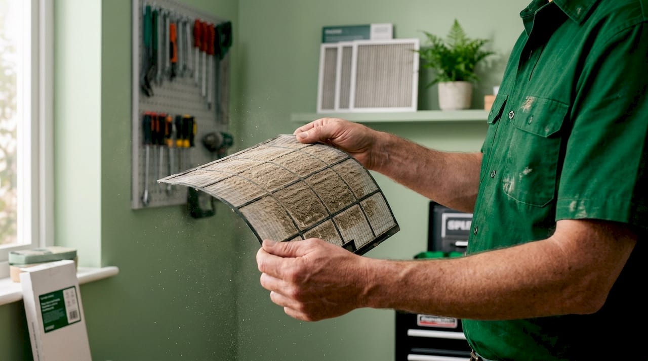 Technician checks dusty AC filter in UAE