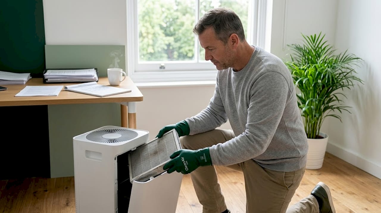 Man changing HEPA filter in home office