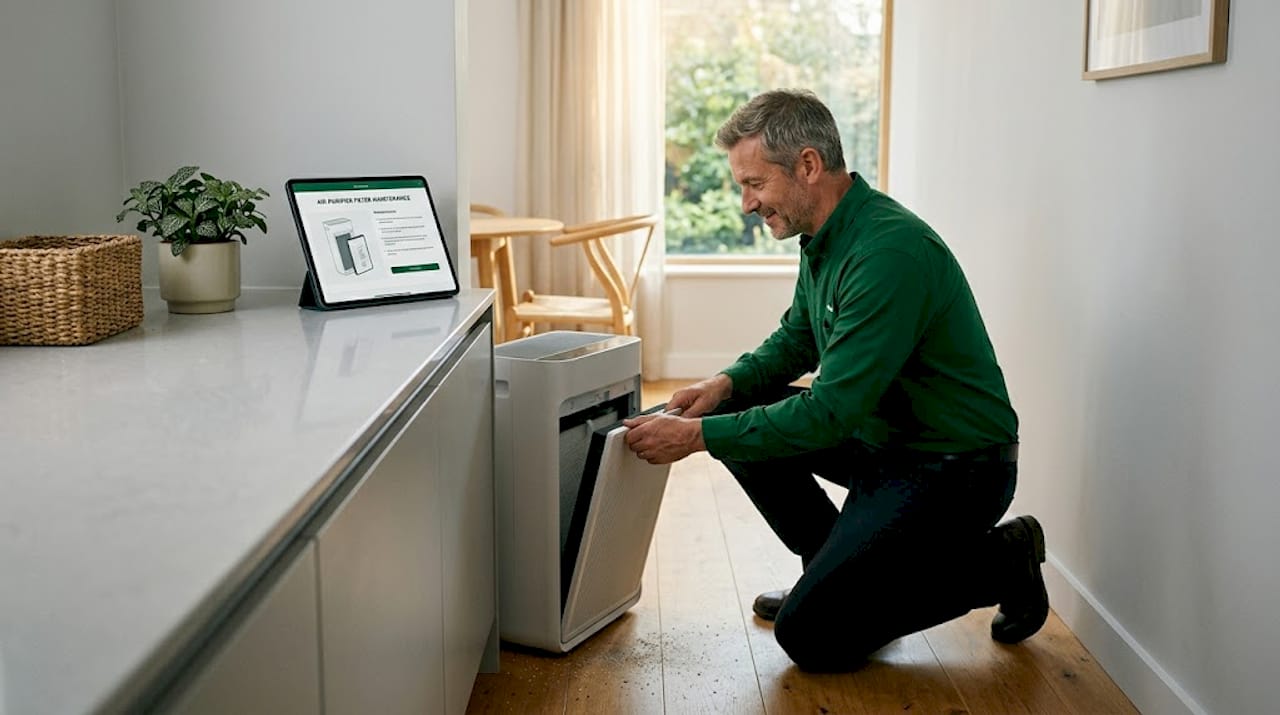 Man cleaning air purifier filter in kitchen