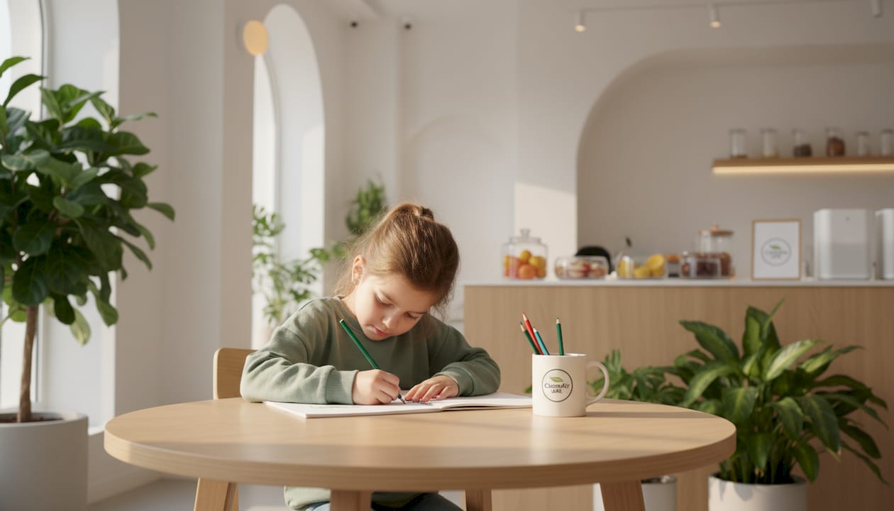 Child drawing beside air purifier at table