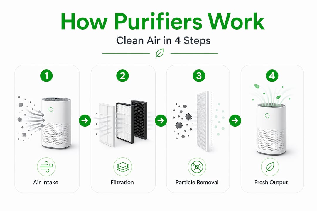 Step-by-step infographic on air purifier process
