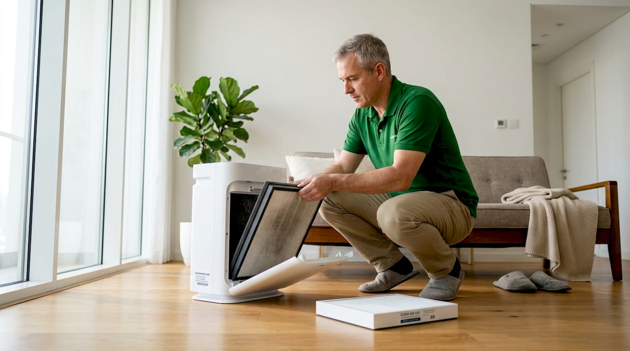 Man changing HEPA filter in apartment bedroom