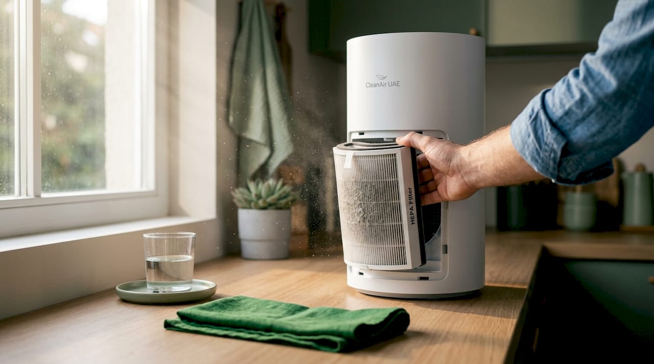 Hand removing dusty air purifier filter