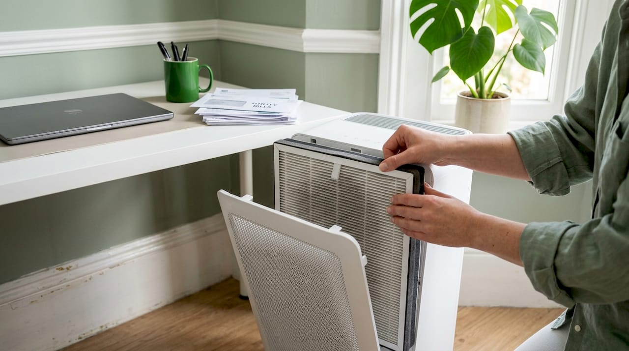 Hands inspecting HEPA filter at home