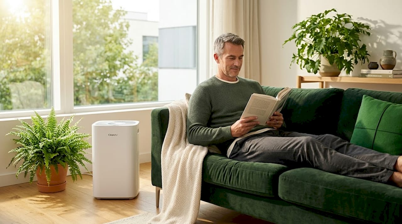 Man using HEPA air purifier in apartment