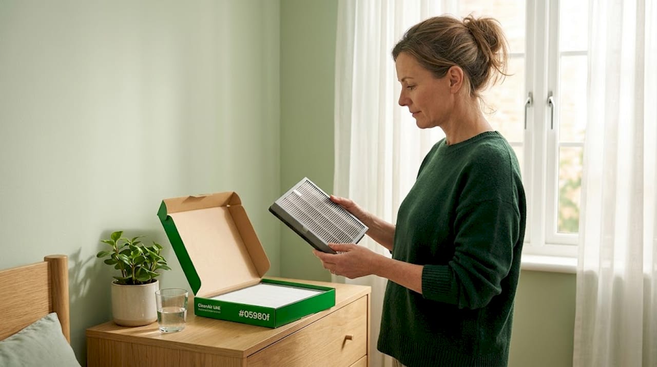 Replacing dusty HEPA air purifier filter in bedroom