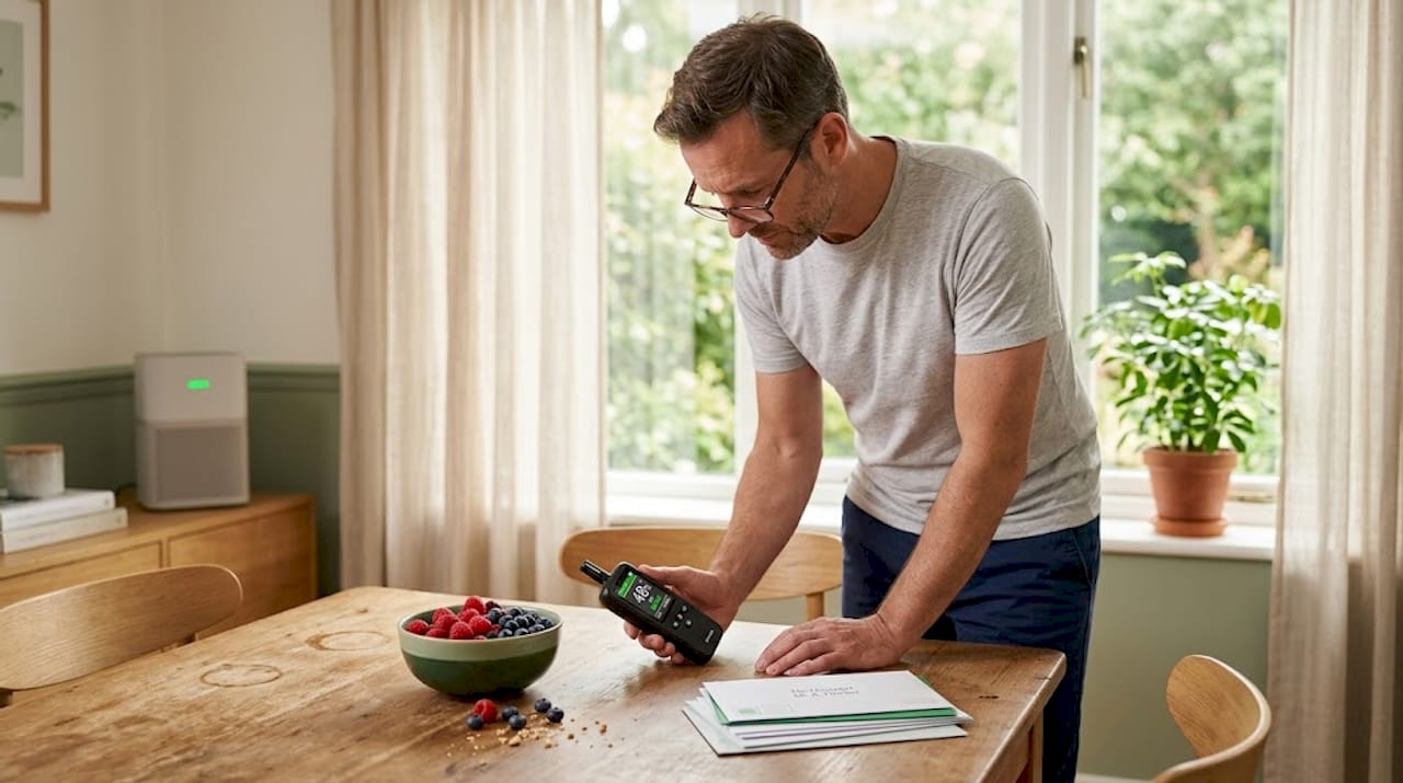 Man measures humidity in home kitchen