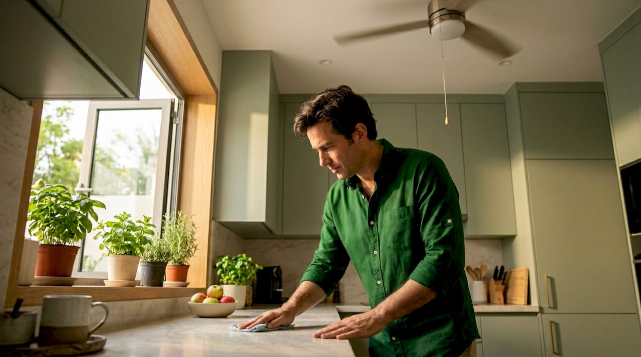Man cleans kitchen with window open and fan on