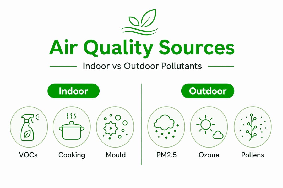 Infographic comparing indoor and outdoor air pollutants