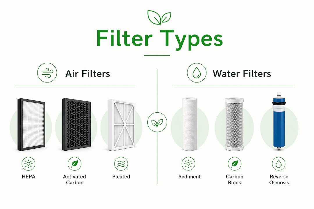 Infographic comparing air and water filter types