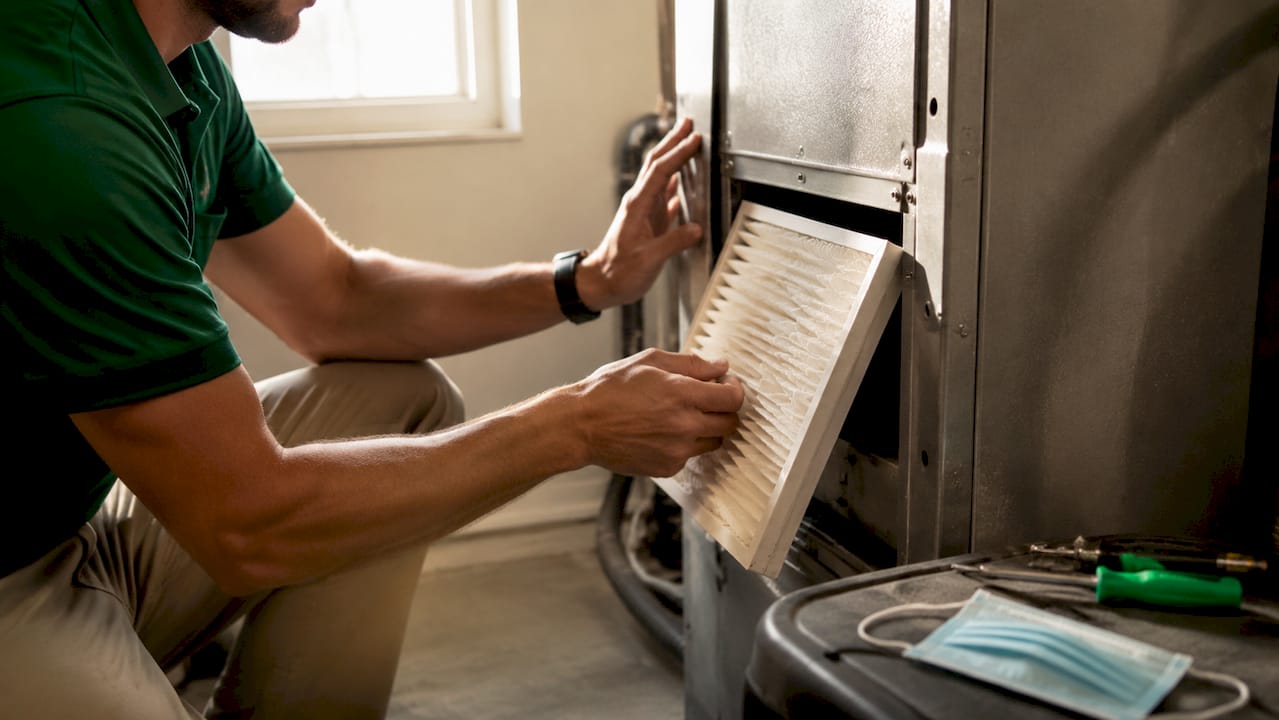 Hands replacing HVAC pleated filter close-up