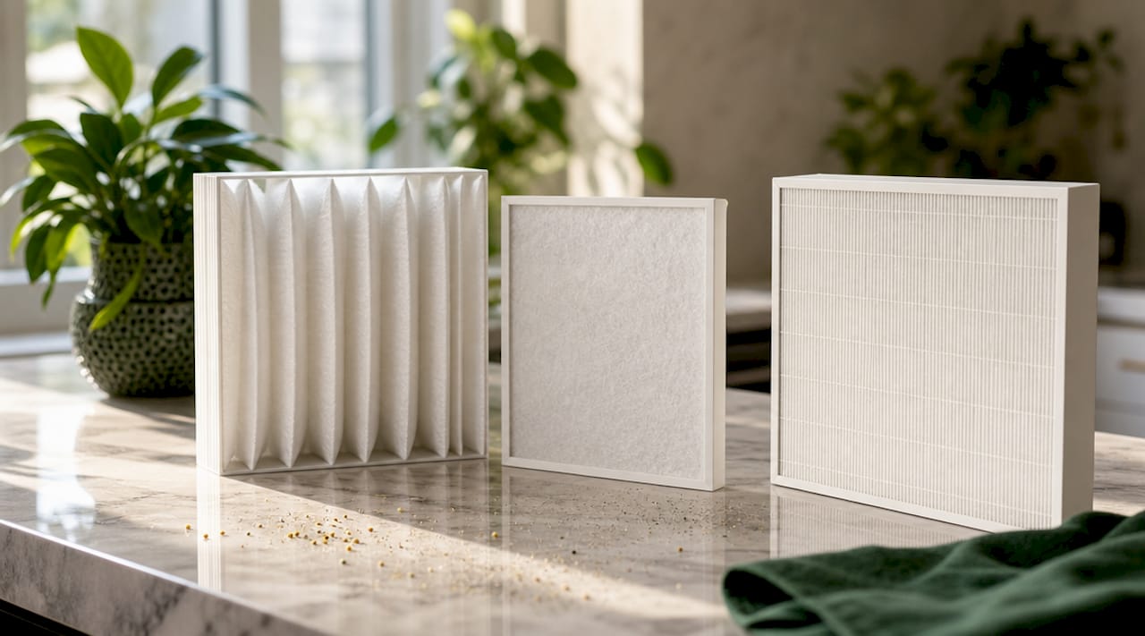 Close-up of three allergen air filter types