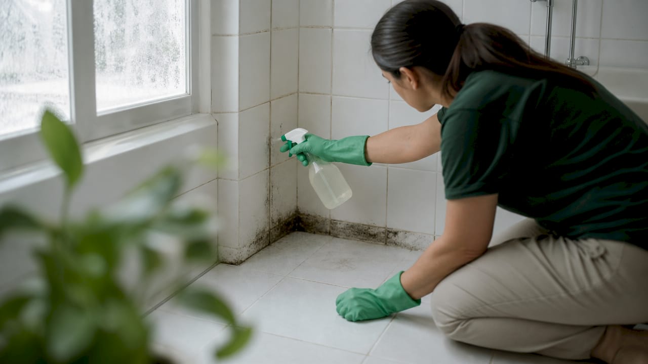 Hand spraying cleaning solution on bathroom mold