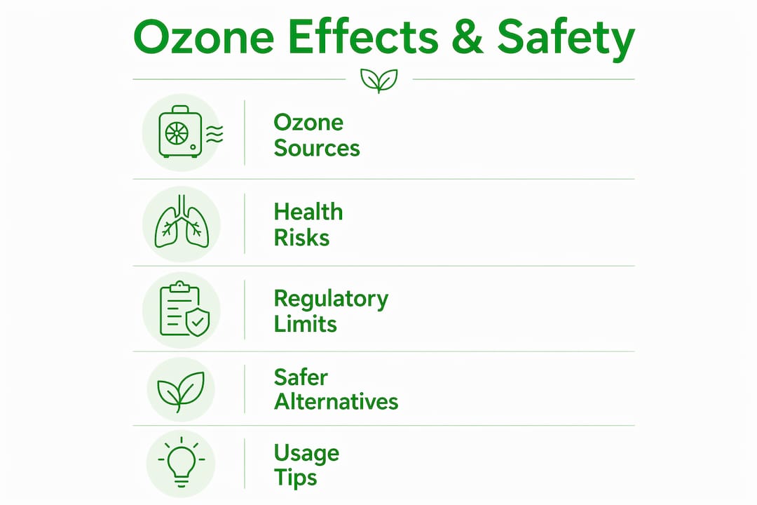 Infographic illustrating ozone effects and safety steps
