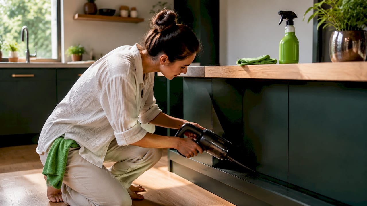 Hands vacuuming along skirting board