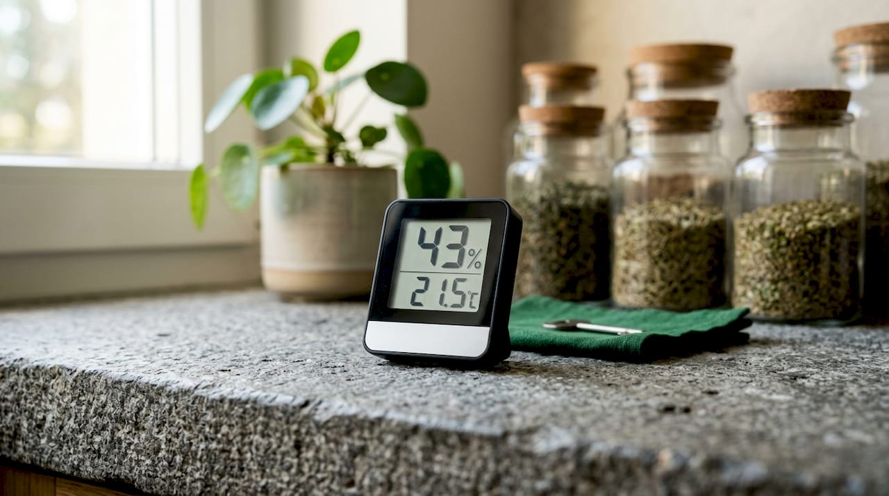 Digital hygrometer showing ideal humidity range
