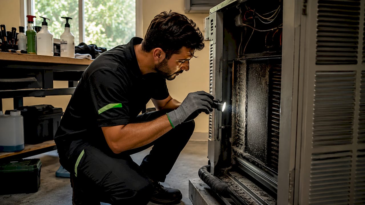 HVAC technician inspecting air conditioner coils