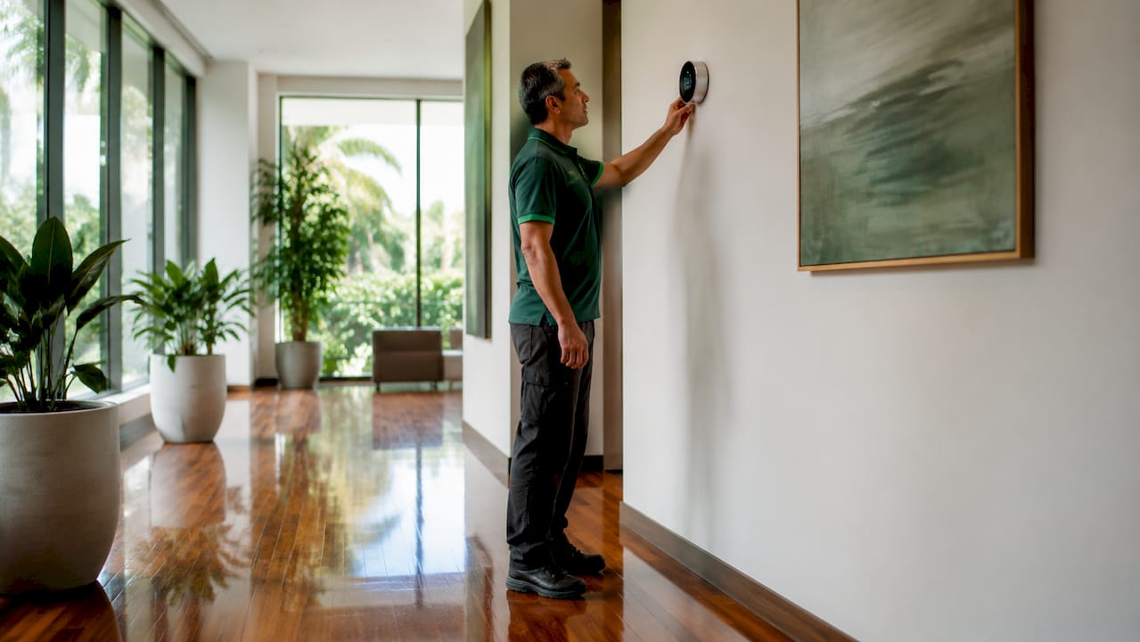 Hands adjusting digital hygrometer on hallway wall