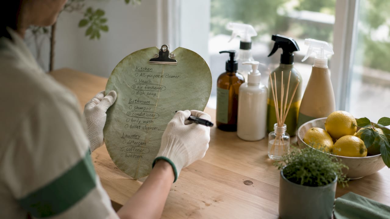 Hands auditing pollution sources in home kitchen