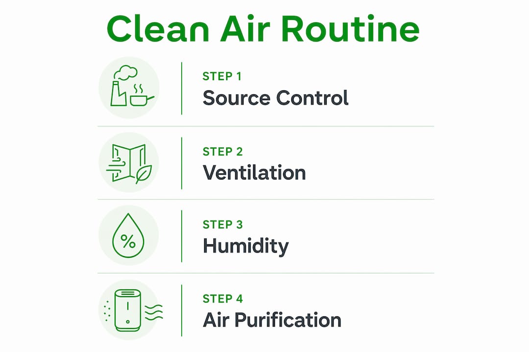 Infographic illustrating steps for clean air routine