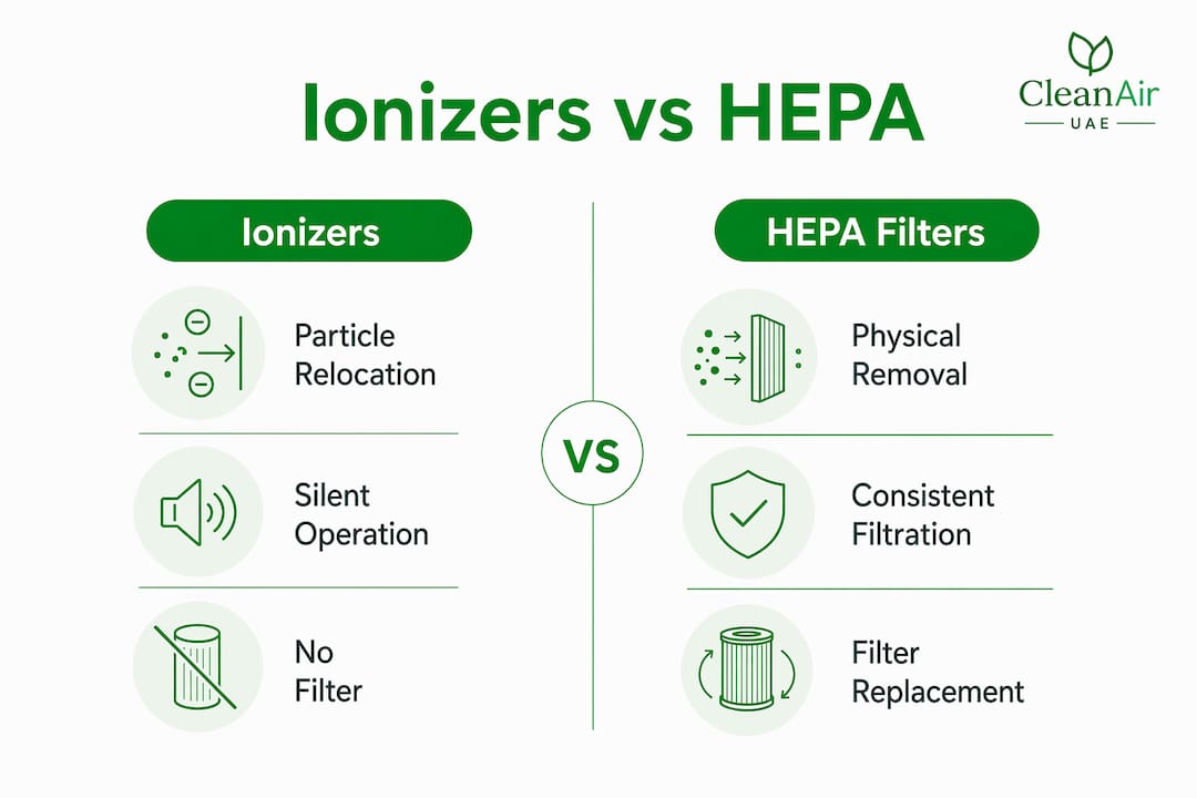 Infographic comparing ionizers and HEPA filters