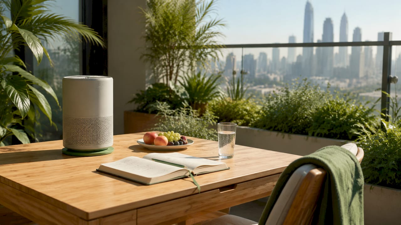 Silent air purifier on office desk close-up