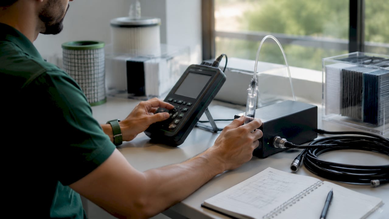 Hands operating CADR measurement instruments in lab