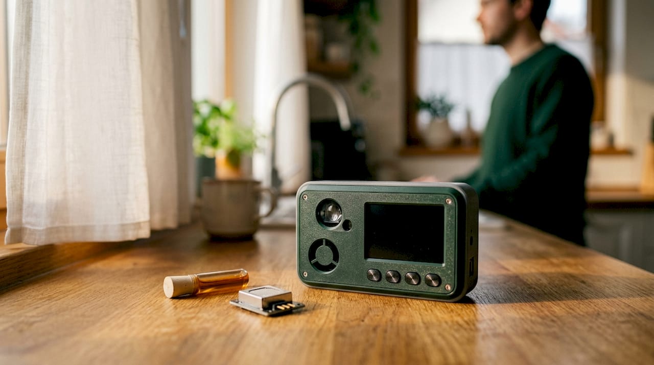 Close-up of air quality sensor and calibration tools