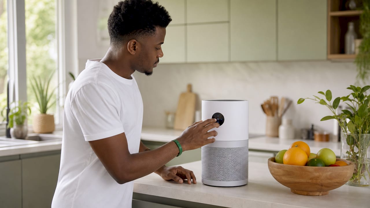 Man using air purifier near kitchen stove