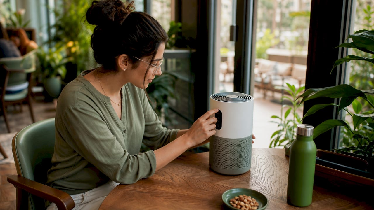 Woman adjusting air purifier in bright study room