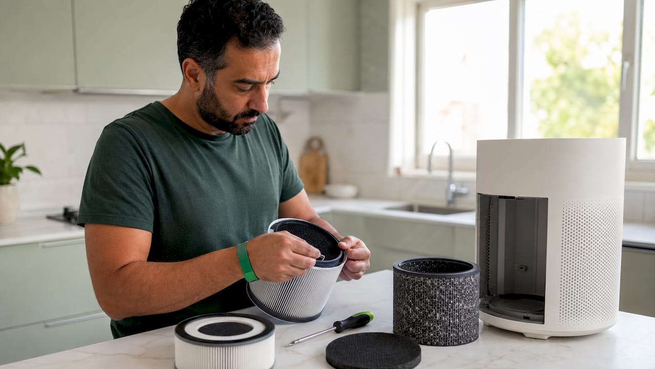 Hands assembling activated carbon filter cartridge