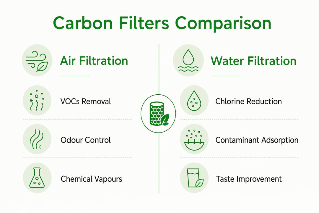 Infographic comparing carbon filters for air and water
