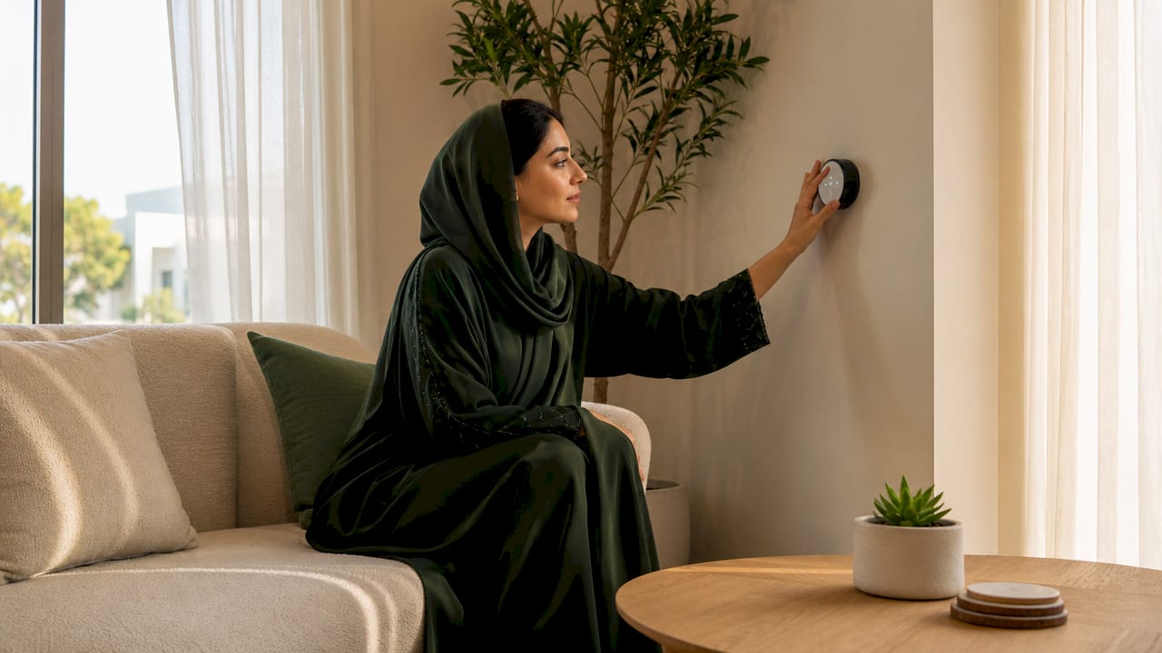 Woman adjusting PM2.5 air quality sensor on wall