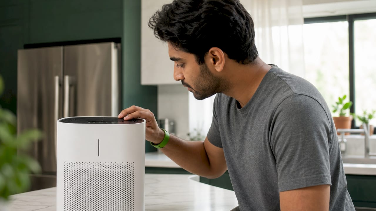 Man checking air purifier in sealed modern home
