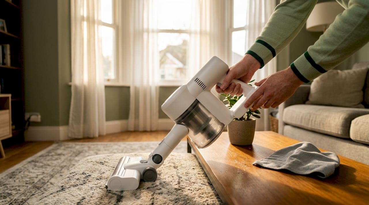 Hands operating HEPA vacuum on hardwood floor