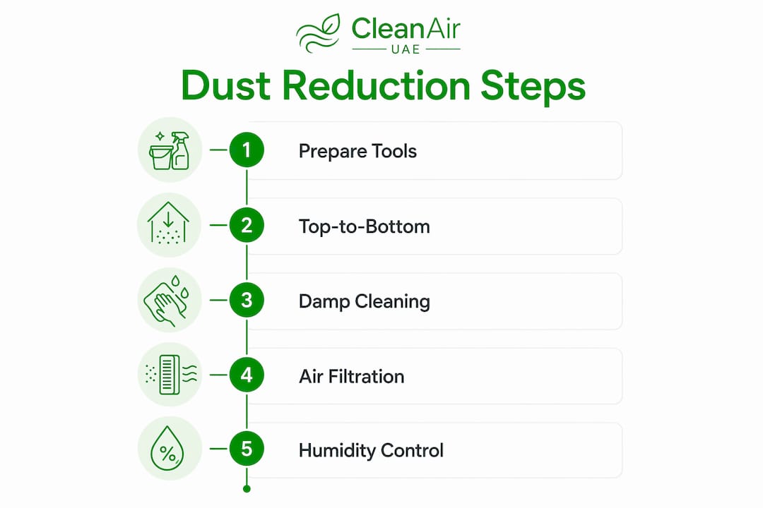 Infographic listing key household dust reduction steps