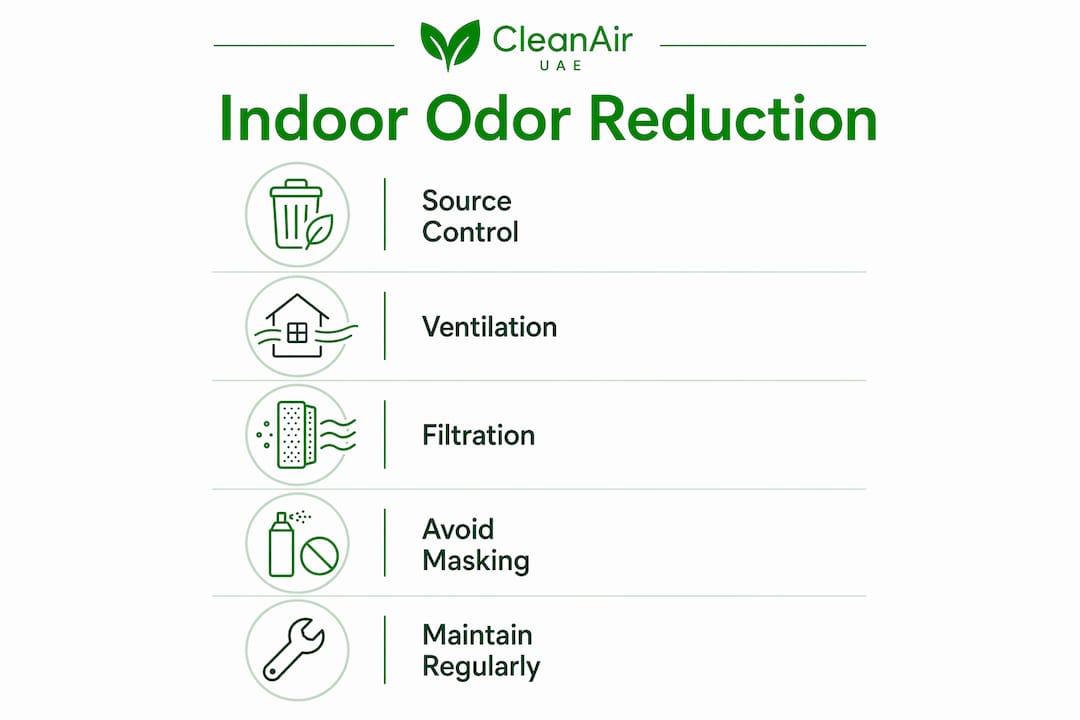 Infographic illustrating steps to reduce indoor odors